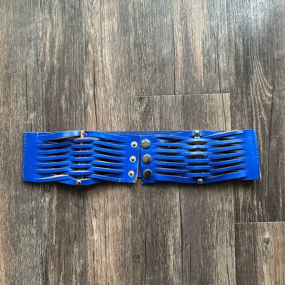 Blue and Brown Elastic Lattice Waist Belt with Snap Closure - Picture 1 of 2